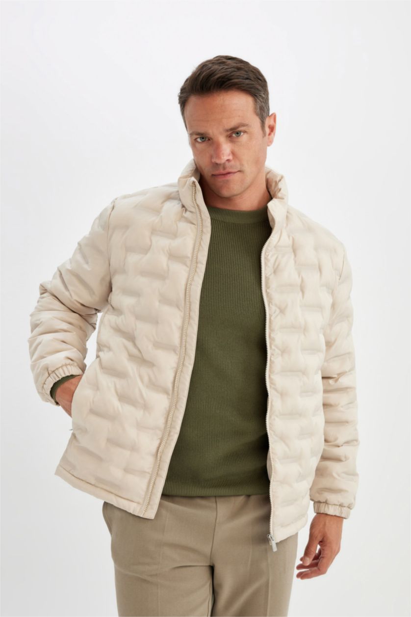 MAN Light Beige Beige Waterproof Slim Fit Stand Collar Zippered Quilted Puffer Jacket