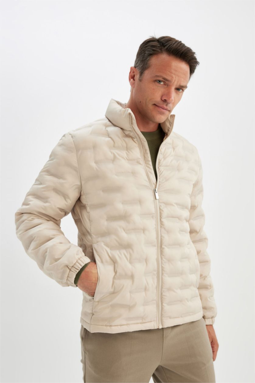 MAN Light Beige Beige Waterproof Slim Fit Stand Collar Zippered Quilted Puffer Jacket