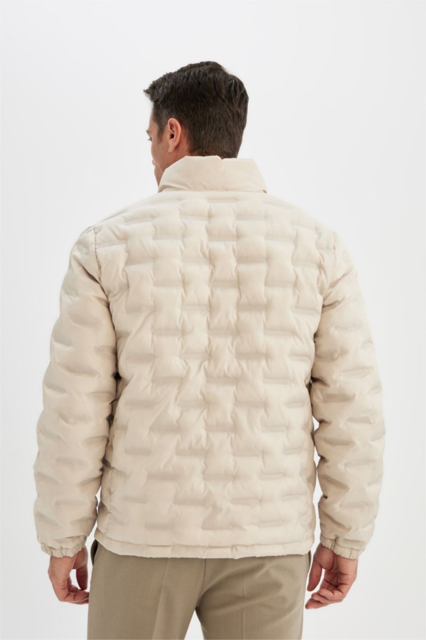 MAN Light Beige Beige Waterproof Slim Fit Stand Collar Zippered Quilted Puffer Jacket