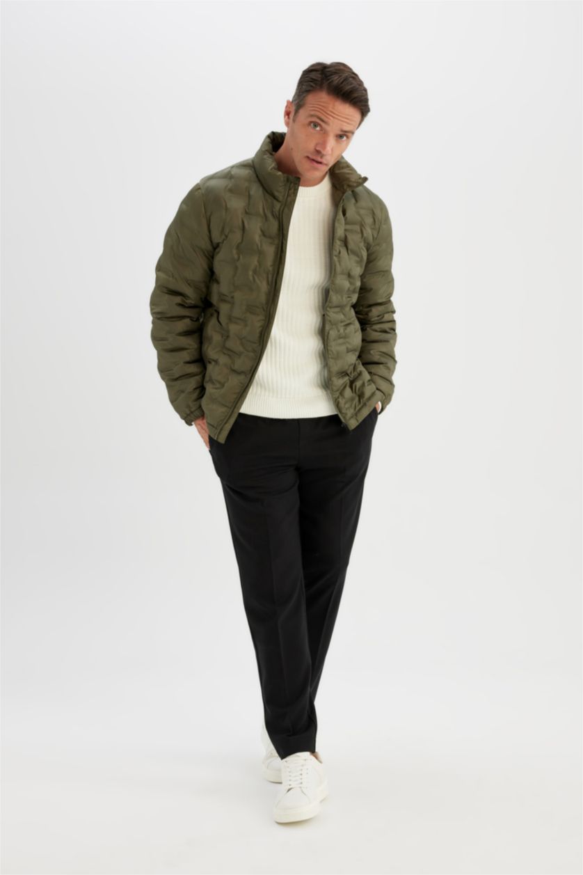 رجالي كاكي جاكيت بامب سليم فيت بياقة عالية وتر برووف بجيب وسوسته