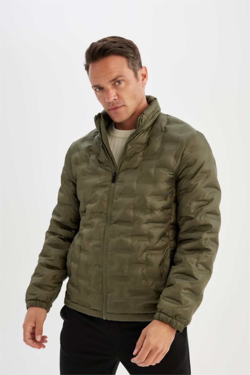 رجالي كاكي جاكيت بامب سليم فيت بياقة عالية وتر برووف بجيب وسوسته