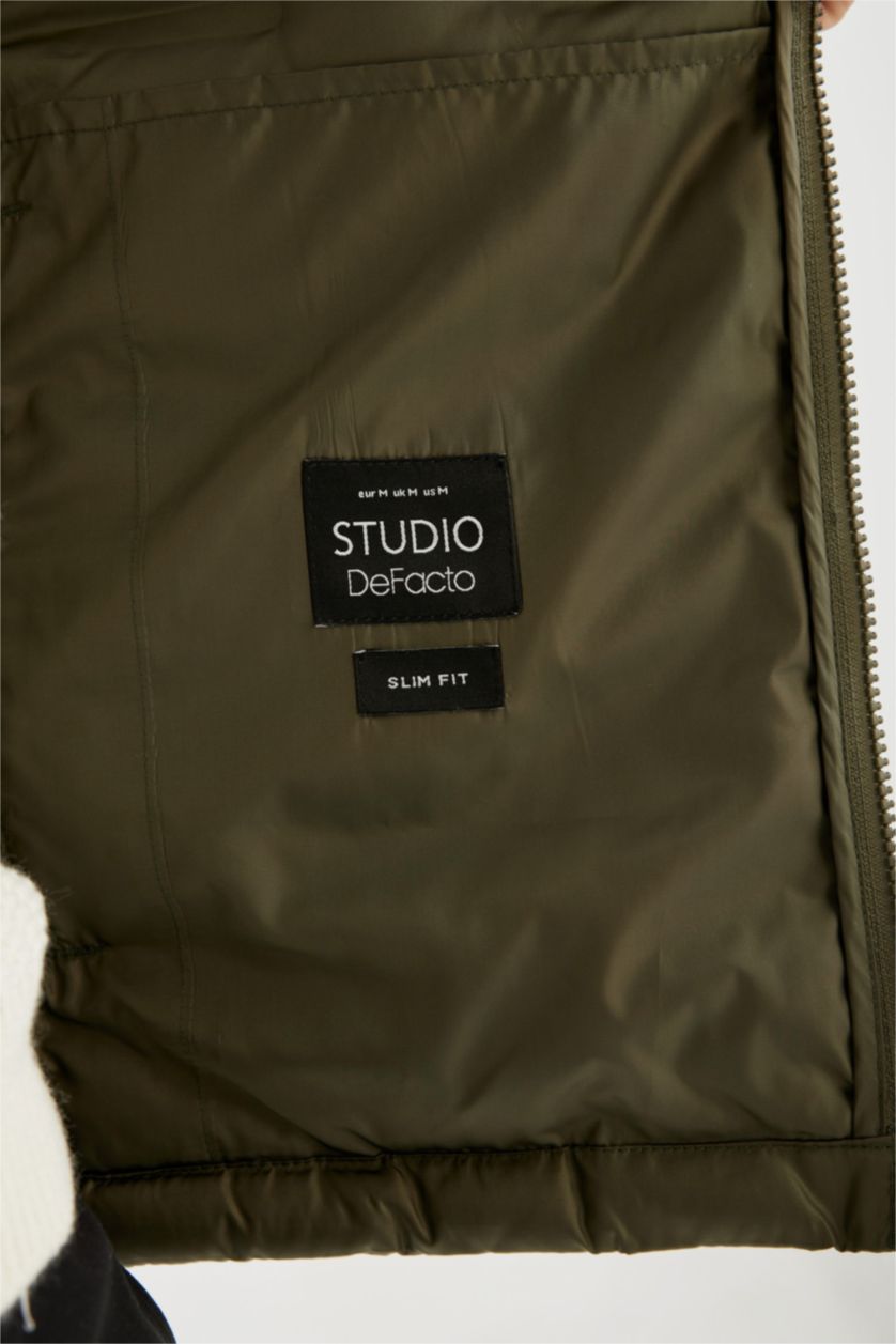 رجالي كاكي جاكيت بامب سليم فيت بياقة عالية وتر برووف بجيب وسوسته