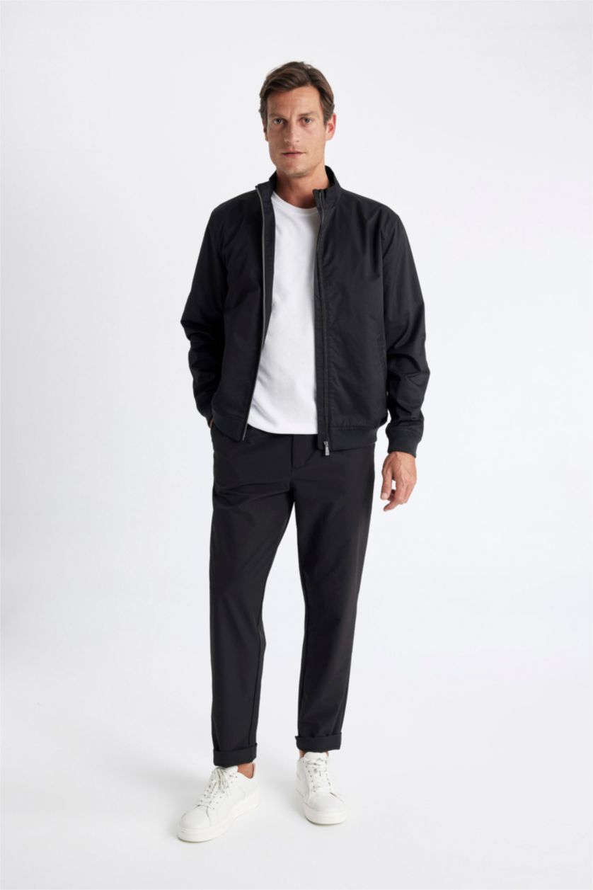 رجالي أسود جاكيت خفيف سليم فيت بياقة عالية وتر برووف بجيوب بسوسته