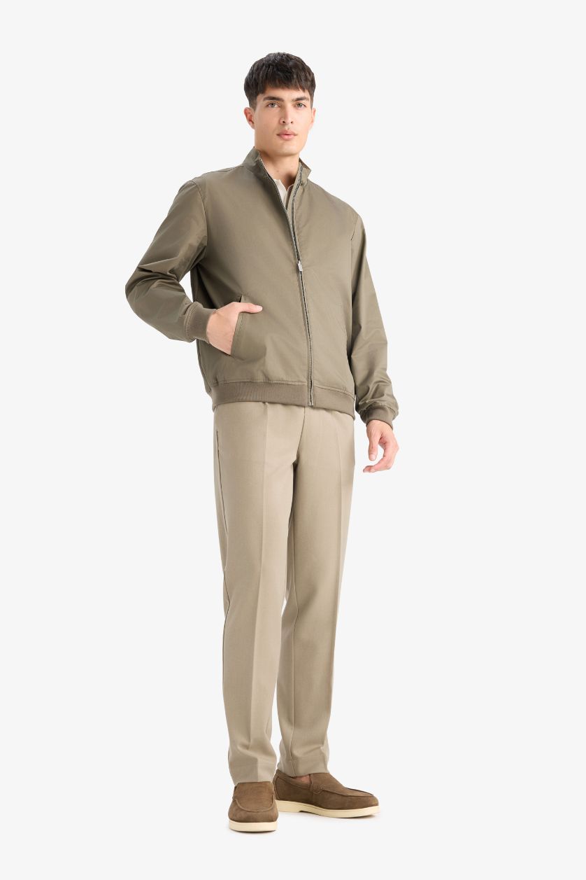 Erkek Haki Slim Fit Dar Kesim Dik Yaka Astarlı Fermuarlı Cepli Mevsimlik Baharlık Mont