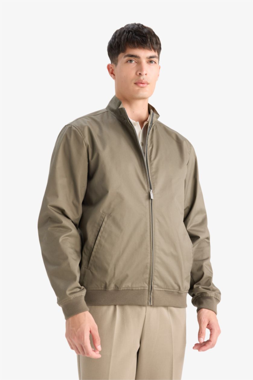 Erkek Haki Slim Fit Dar Kesim Dik Yaka Astarlı Fermuarlı Cepli Mevsimlik Baharlık Mont