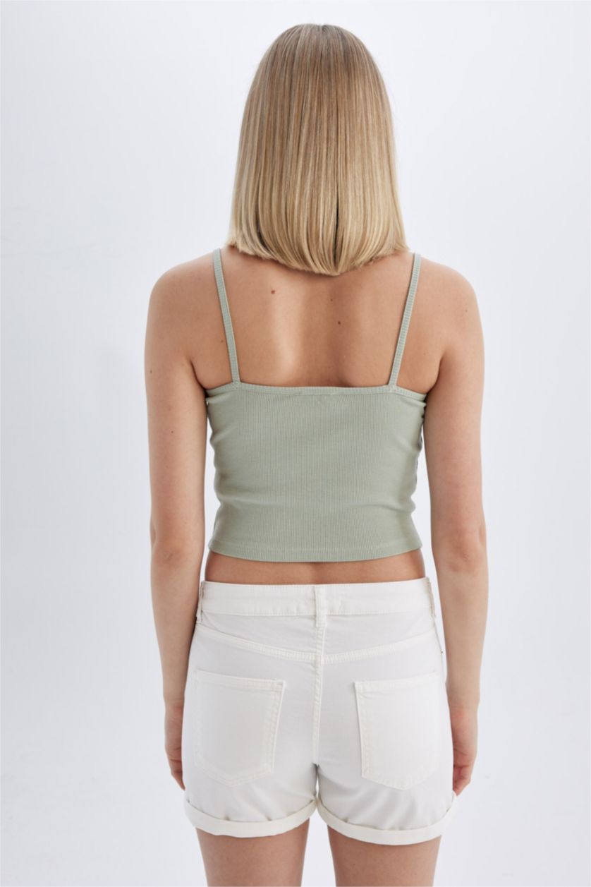 Kadın Mint Fitted Dar Kesim Kare Yaka Fitilli Kaşkorse Askılı Atlet