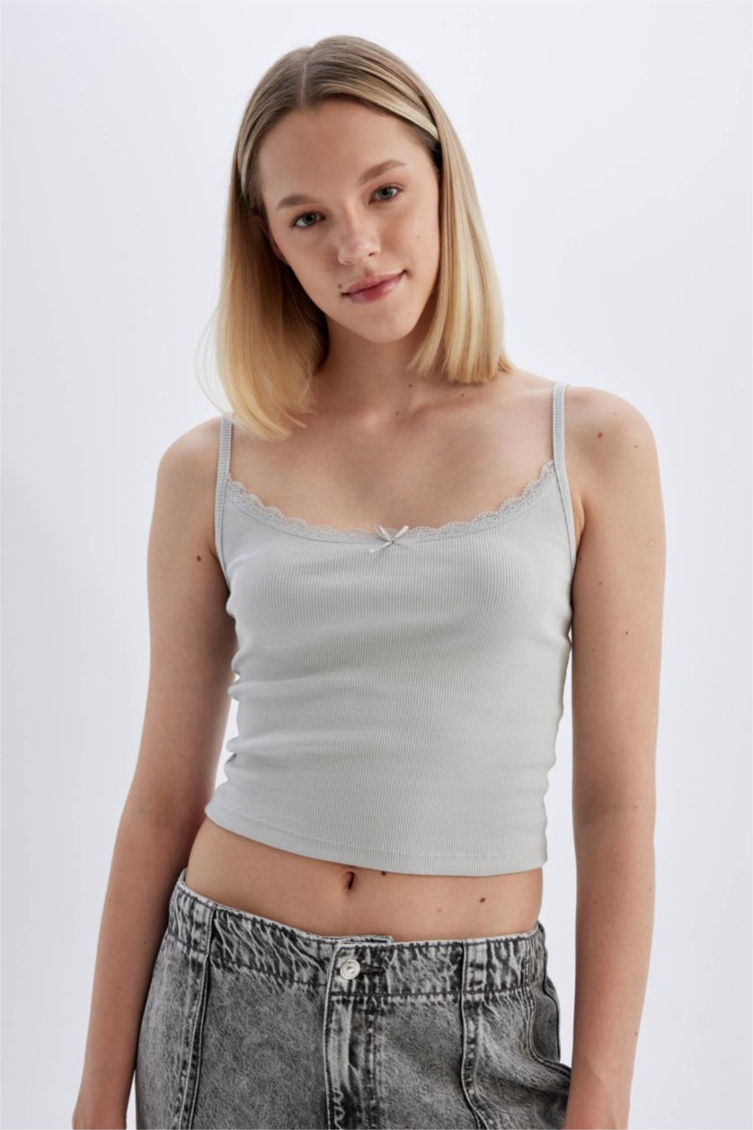 Kadın Açık Gri Fitted Dar Kesim Kare Yaka Fitilli Kaşkorse Askılı Atlet