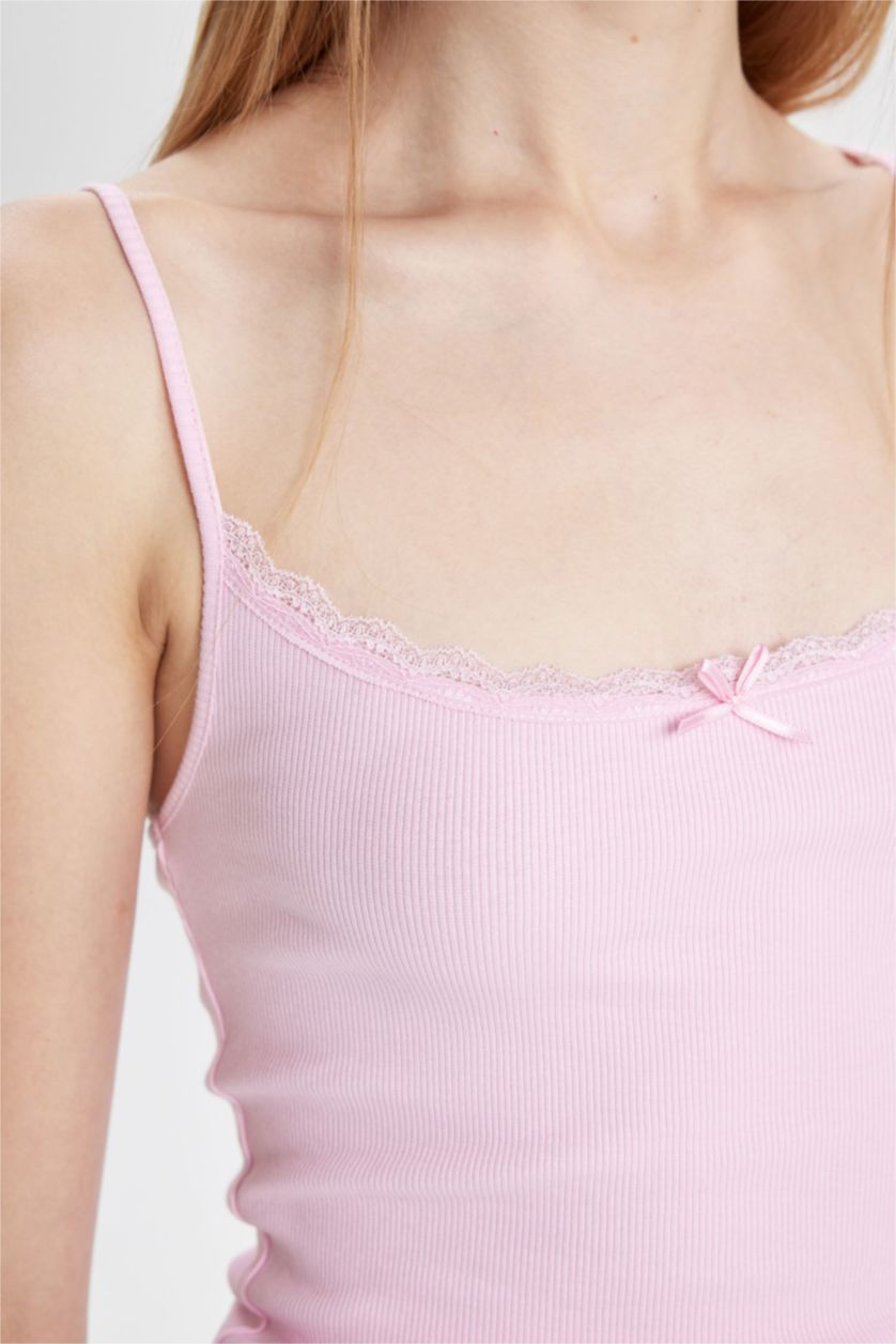 Kadın Pembe Fitted Dar Kesim Kare Yaka Fitilli Kaşkorse Askılı Atlet