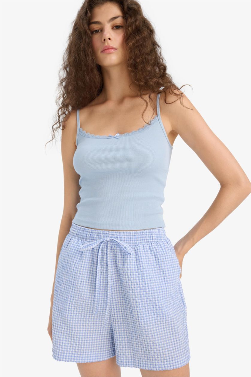 نساء أزرق فاتح فانيلة مضلع مخصر بياقة V