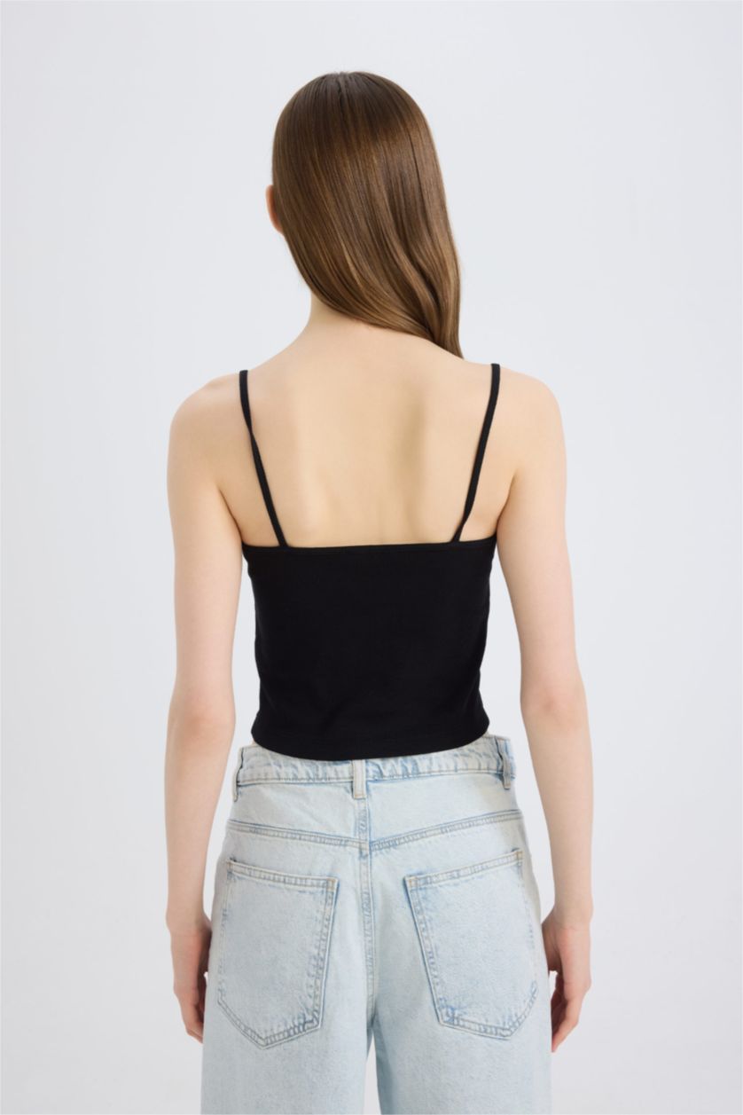 Kadın Siyah Fitted Dar Kesim Kare Yaka Fitilli Kaşkorse Askılı Siyah Atlet