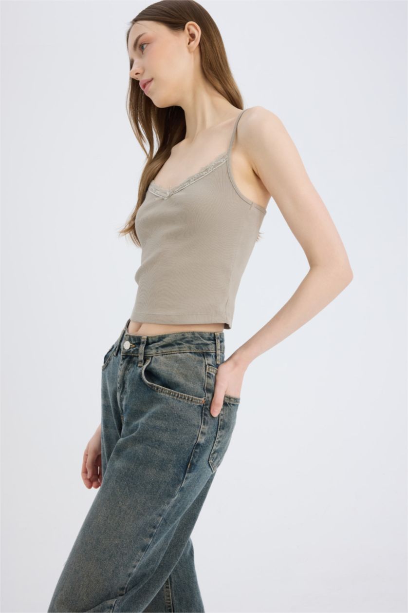 Kadın Gri Fitted Dar Kesim Kare Yaka Fitilli Kaşkorse Atlet