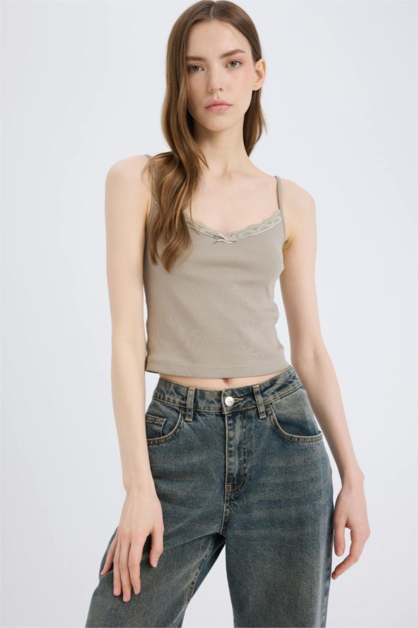 Kadın Gri Fitted Dar Kesim Kare Yaka Fitilli Kaşkorse Atlet