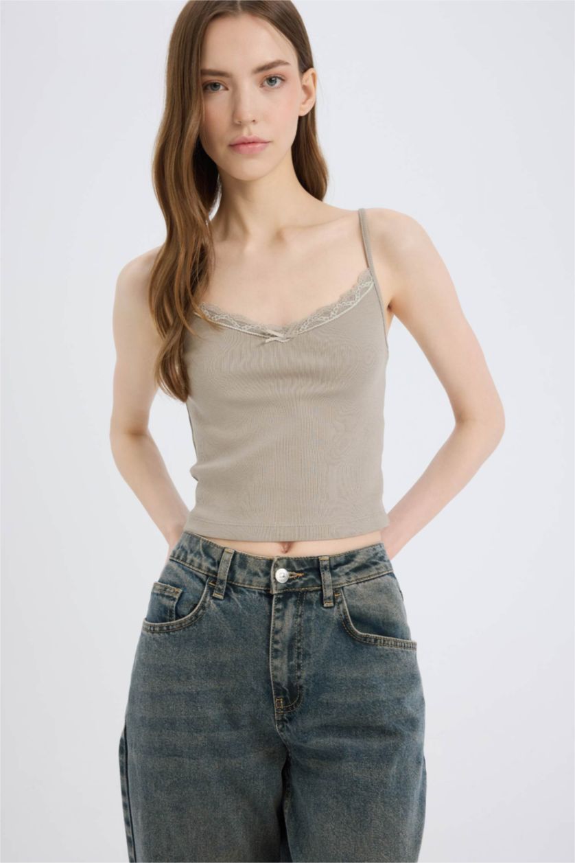 Kadın Gri Fitted Dar Kesim Kare Yaka Fitilli Kaşkorse Atlet