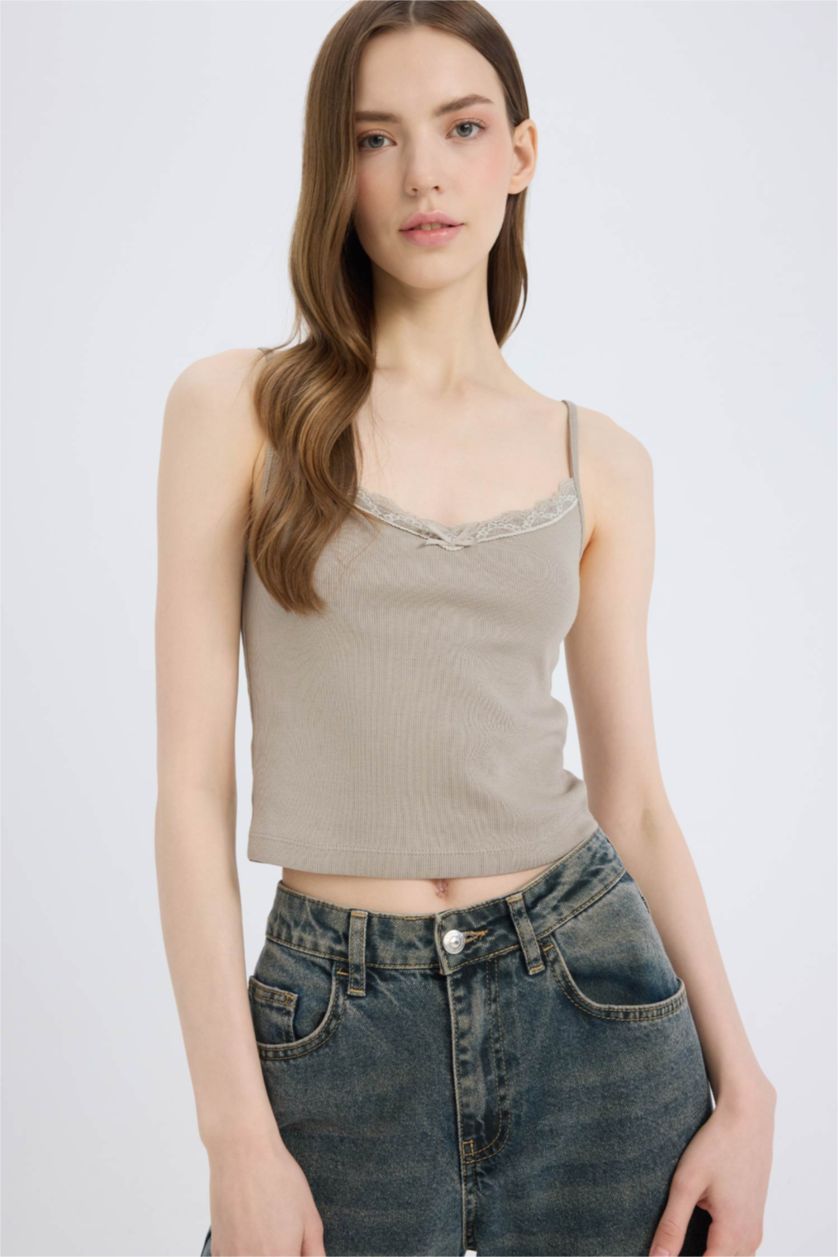 Kadın Gri Fitted Dar Kesim Kare Yaka Fitilli Kaşkorse Atlet