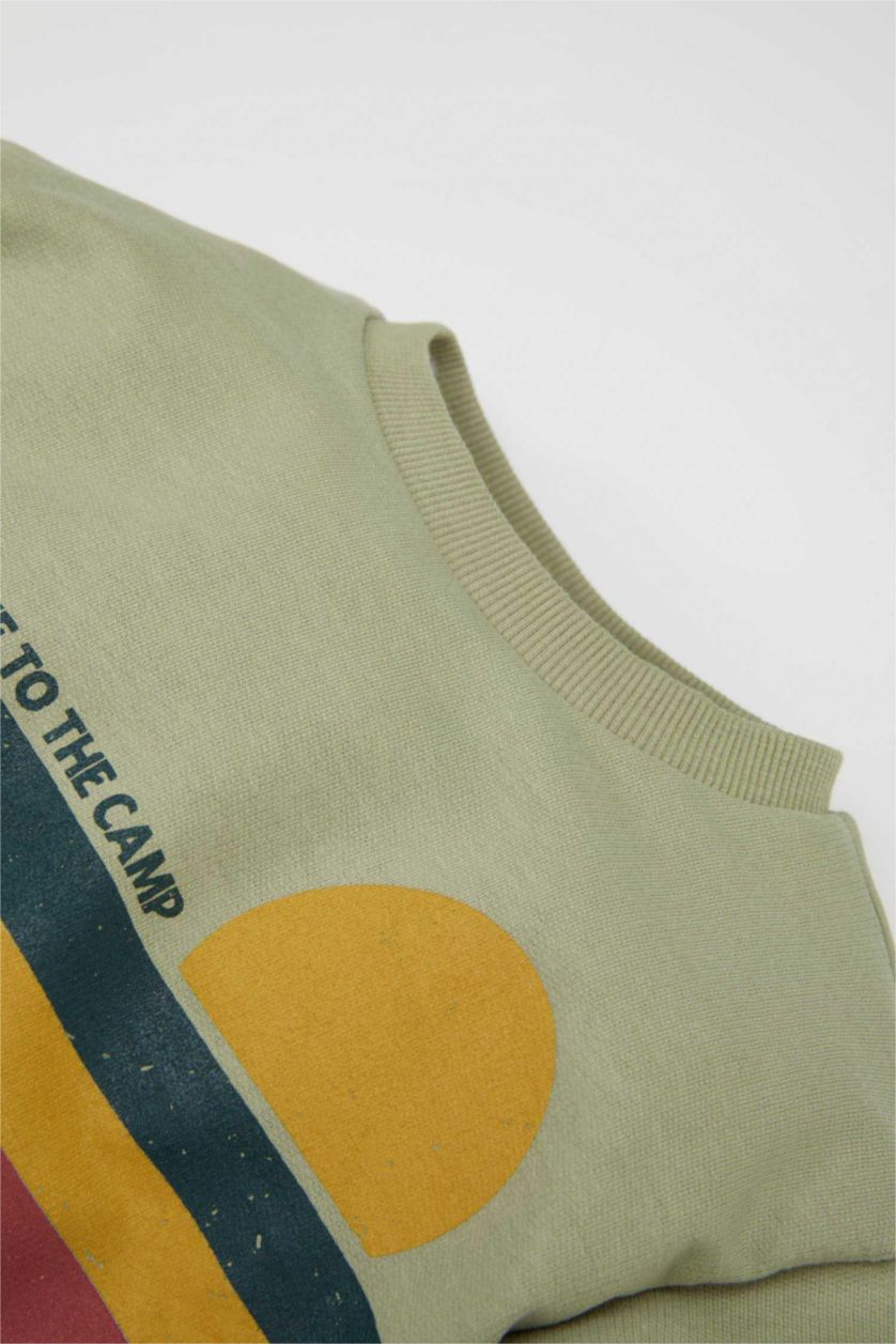 Erkek Bebek Açık Haki Bisiklet Yaka Doğa Baskılı İçi Yumuşak Tüylü Sweatshirt Erkek Bebek