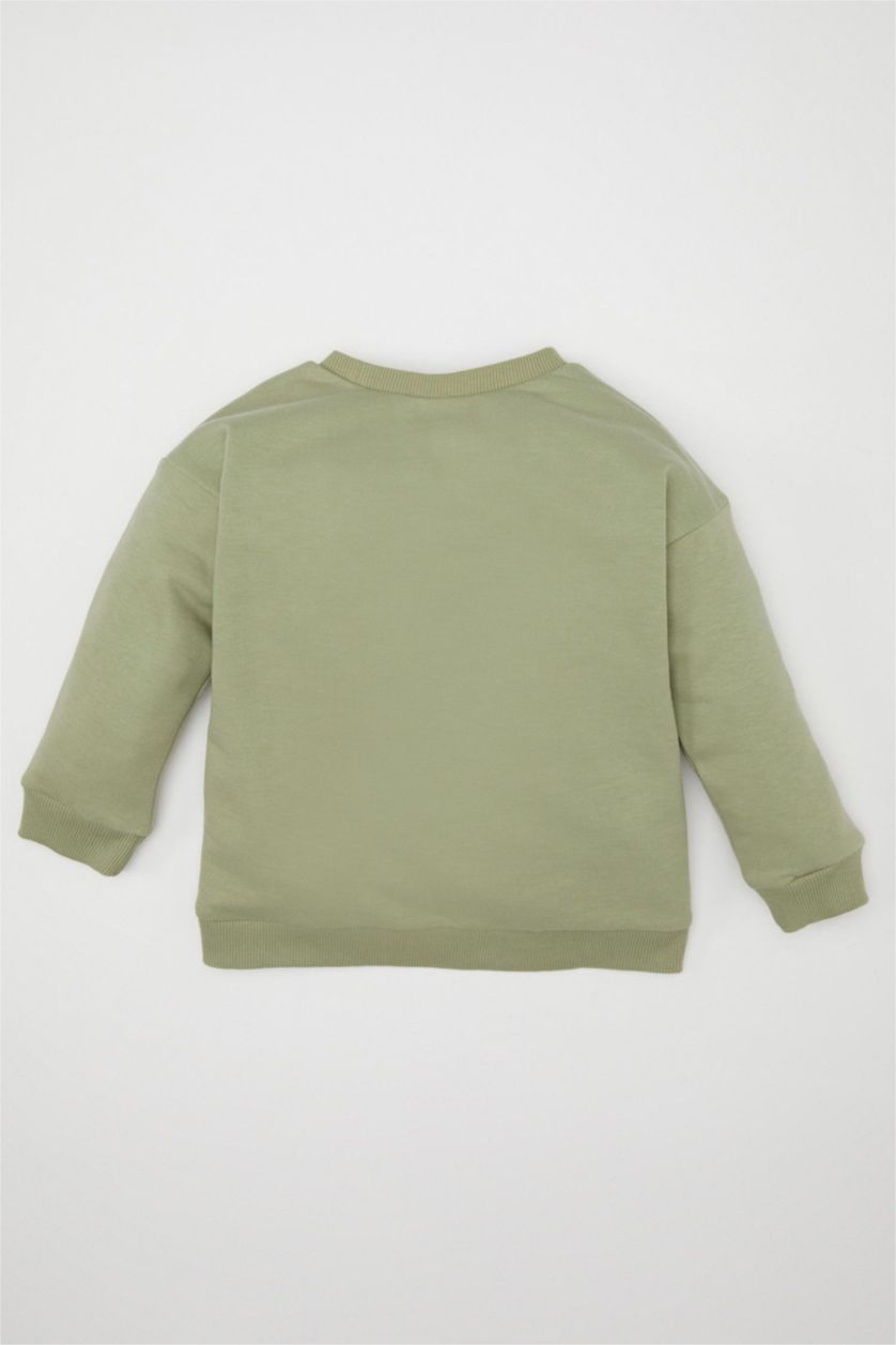 Erkek Bebek Açık Haki Bisiklet Yaka Doğa Baskılı İçi Yumuşak Tüylü Sweatshirt Erkek Bebek