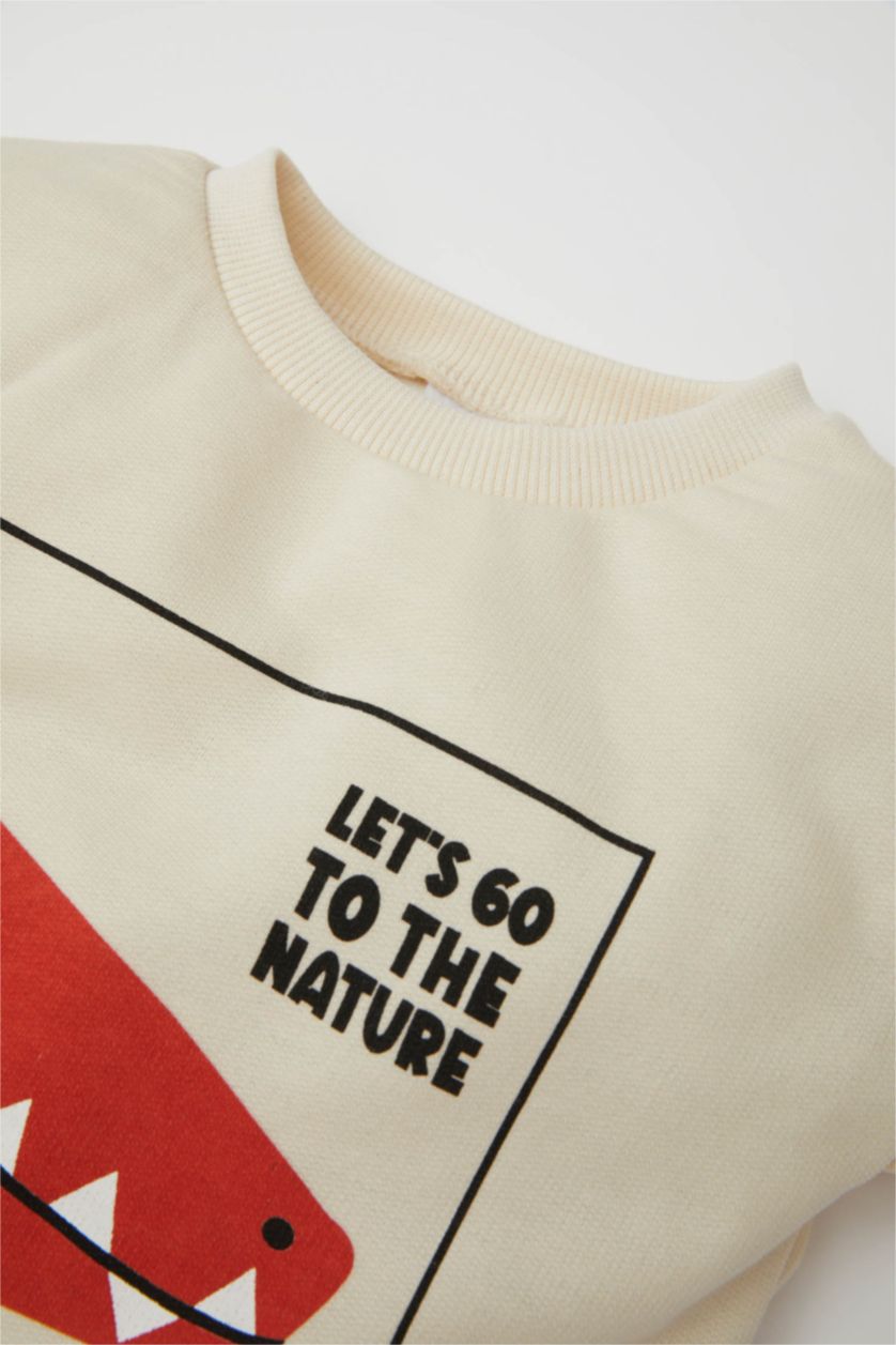 Erkek Bebek Açık Taş Erkek Bebek Bisiklet Yaka Dinozor Baskılı Sweatshirt