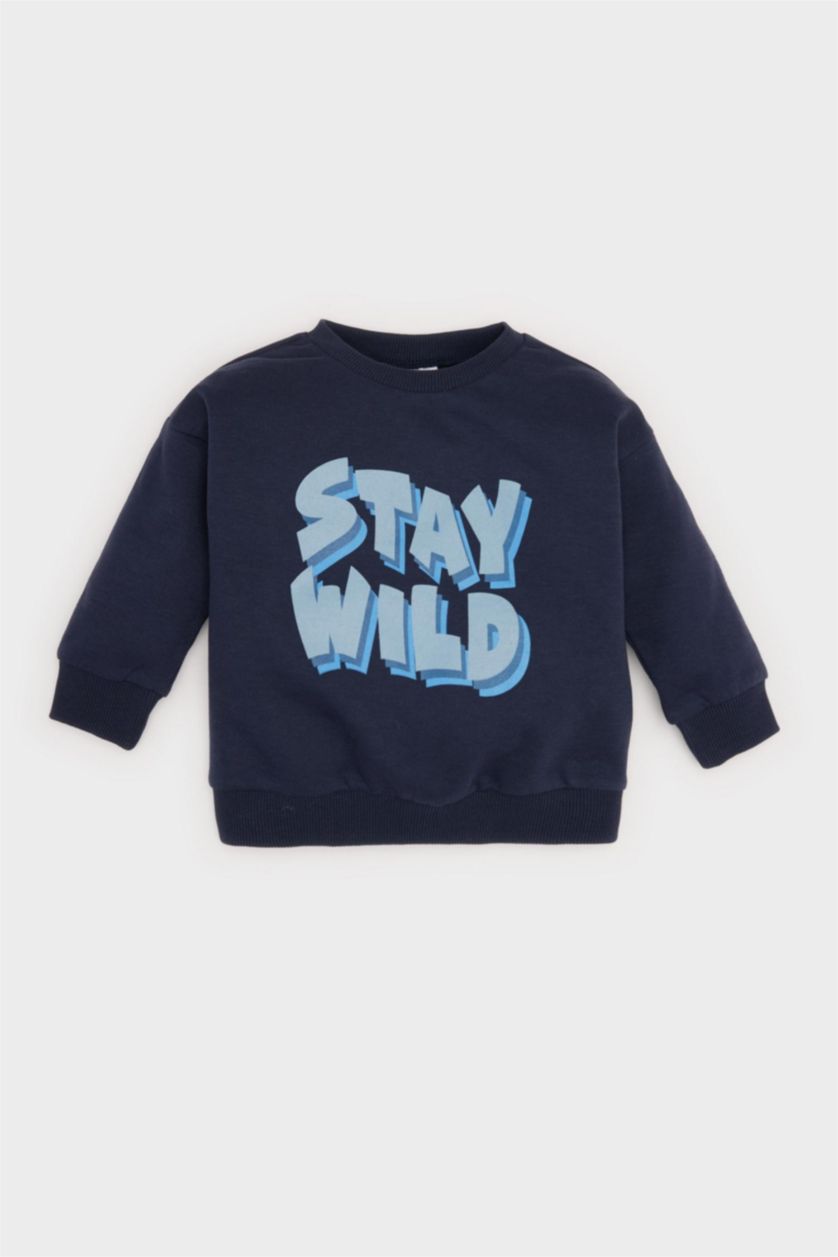 Erkek Bebek Lacivert Erkek Bebek Bisiklet Yaka Baskılı Sweatshirt