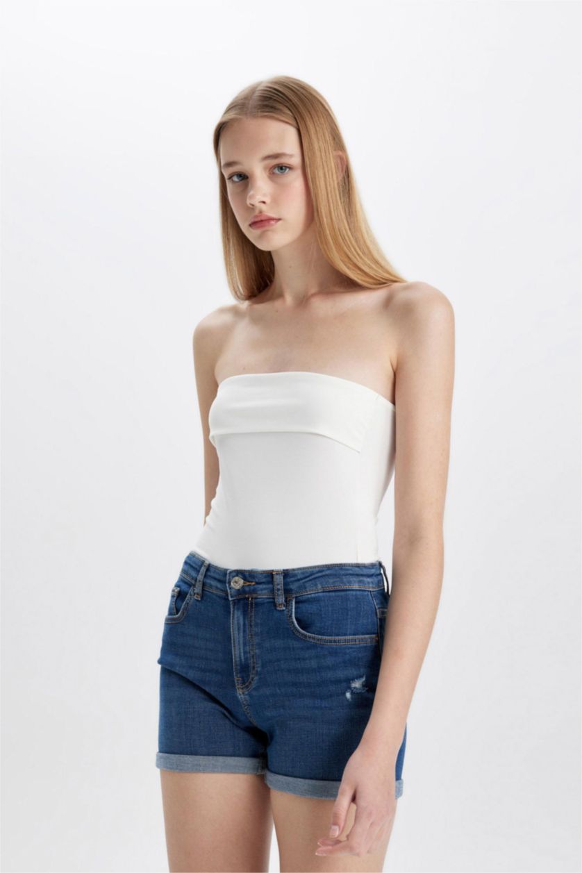 Kadın Ekru Fitted Dar Kesim Basic Düz Straplez Bluz