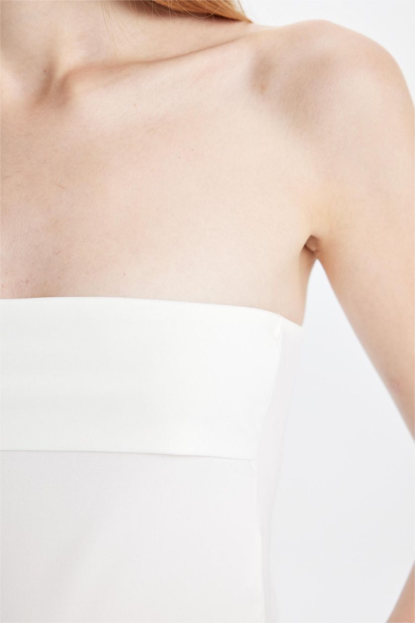 Kadın Ekru Fitted Dar Kesim Basic Düz Straplez Bluz