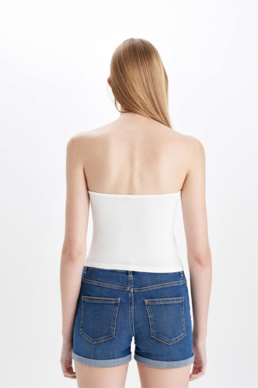 Kadın Ekru Fitted Dar Kesim Basic Düz Straplez Bluz