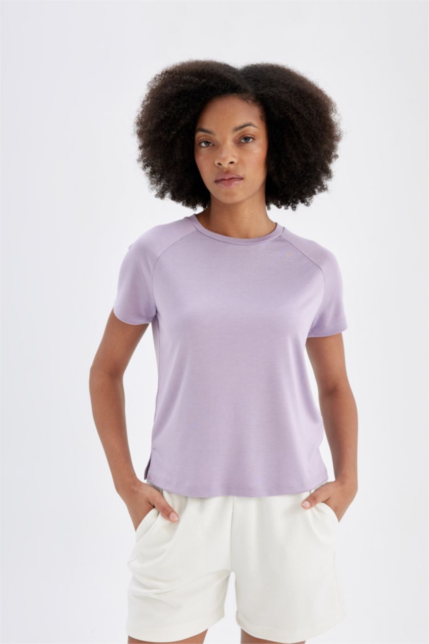 WOMAN Lilac Crew Neck Sports Crop T-Shirt