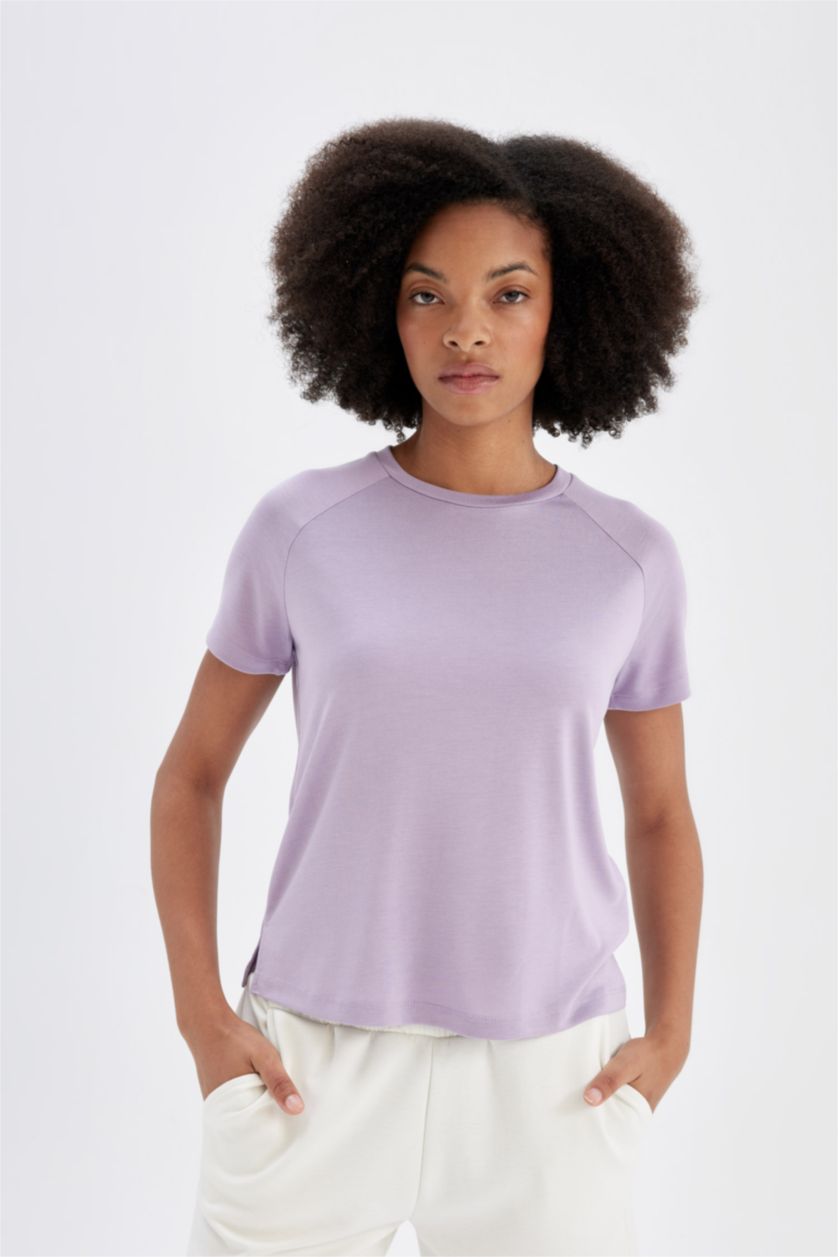 WOMAN Lilac Crew Neck Sports Crop T-Shirt