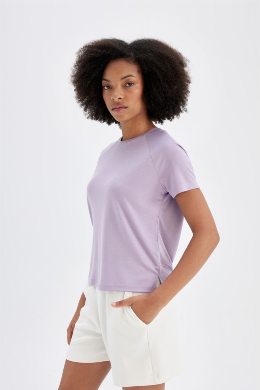 WOMAN Lilac Crew Neck Sports Crop T-Shirt