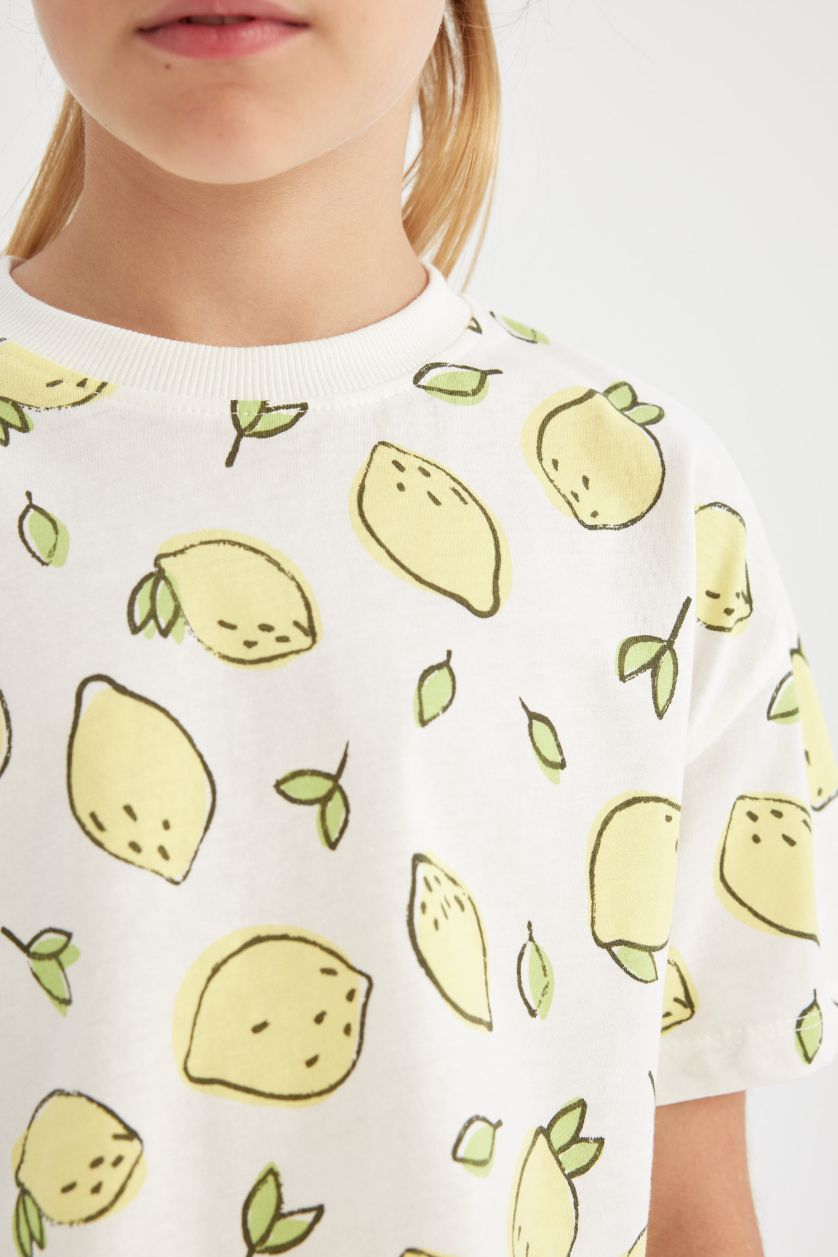 Kız Çocuk - Genç Kız Ekru Crop Bisiklet Yaka Desenli Kısa Kollu Tişört Kız Çocuk