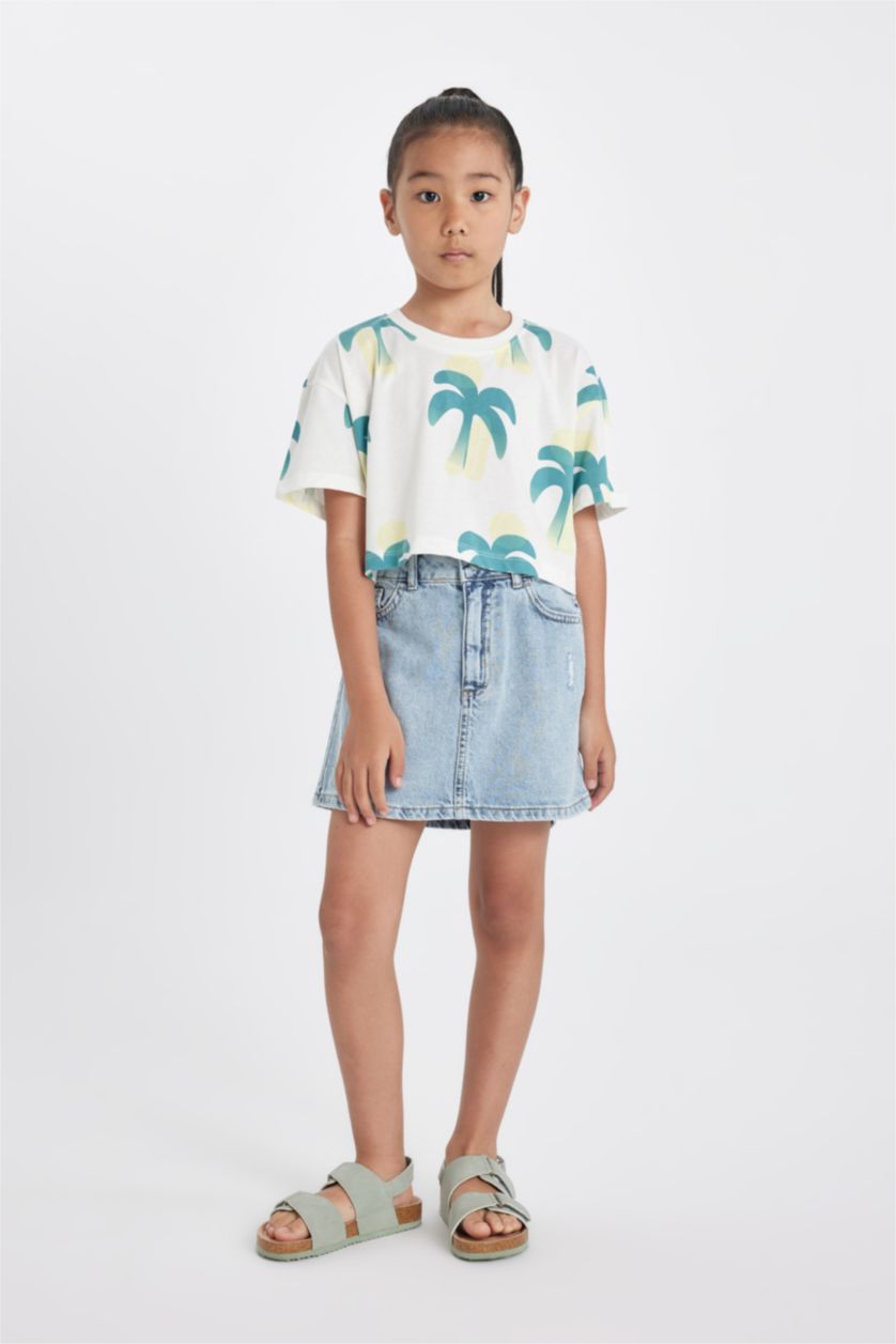 Girls & Teens Ecru Girl Crew Neck Patterned Crop T-Shirt