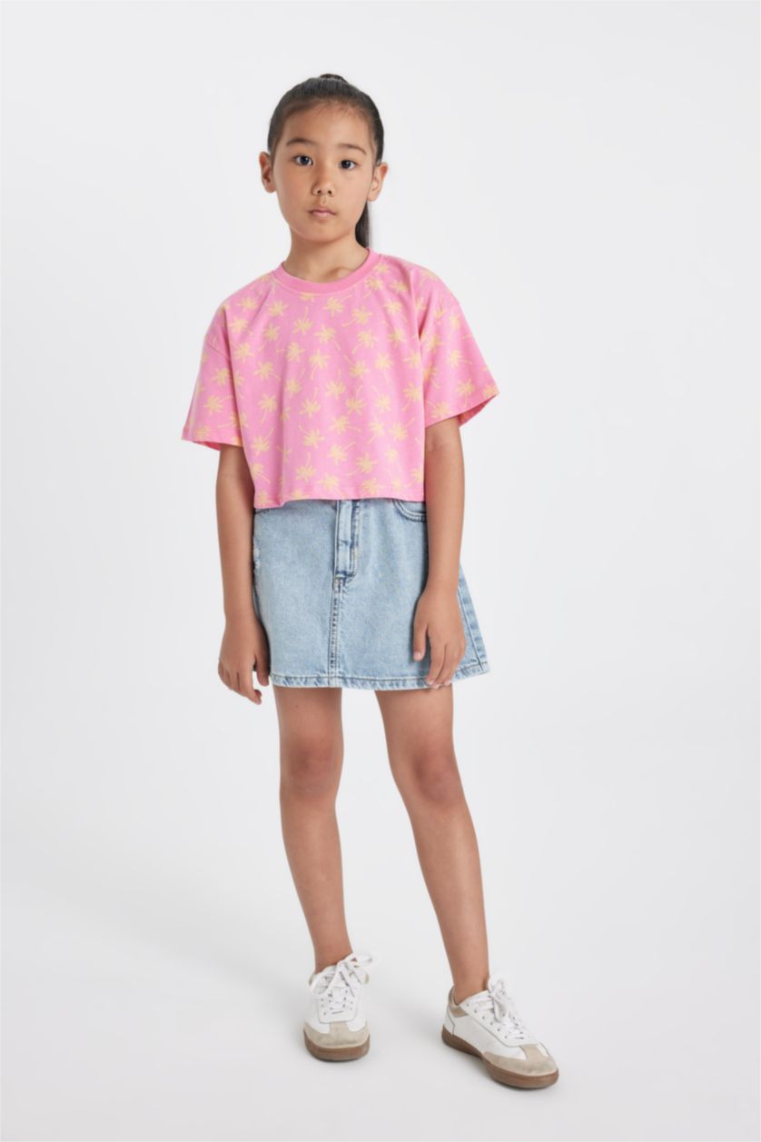 Kız Çocuk - Genç Kız Pembe Crop Bisiklet Yaka Desenli Kısa Kollu Tişört Kız Çocuk