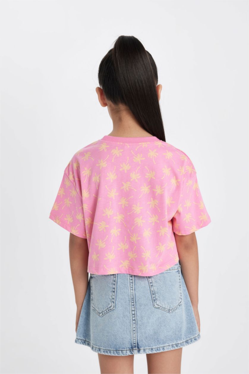 Kız Çocuk - Genç Kız Pembe Crop Bisiklet Yaka Desenli Kısa Kollu Tişört Kız Çocuk