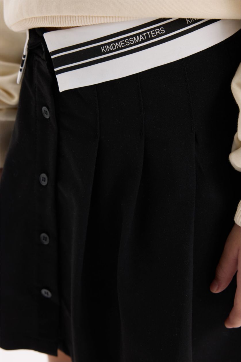 Kız Çocuk - Genç Kız Siyah Siyah Basic Düz Düğmeli Pileli Twill Okul Eteği Kız Çocuk