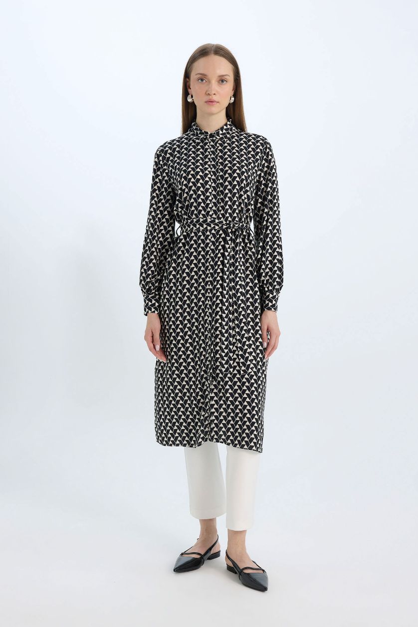 Kadın Bej Regular Fit Desenli Kuşaklı Uzun Kollu Gömlek Tunik