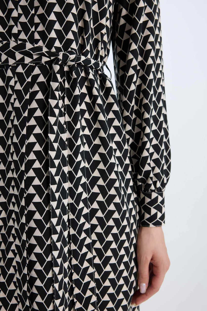 Kadın Bej Regular Fit Desenli Kuşaklı Uzun Kollu Gömlek Tunik