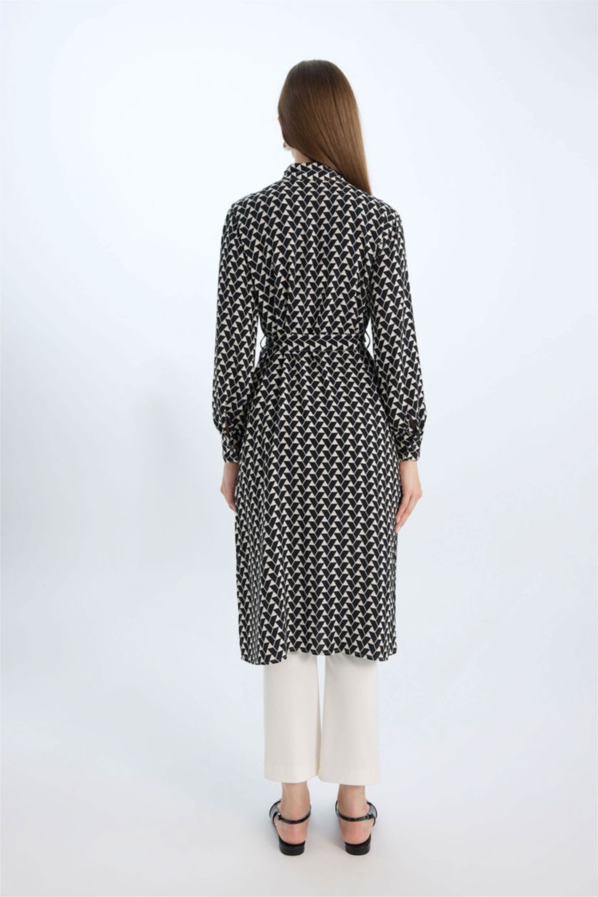 Kadın Bej Regular Fit Desenli Kuşaklı Uzun Kollu Gömlek Tunik