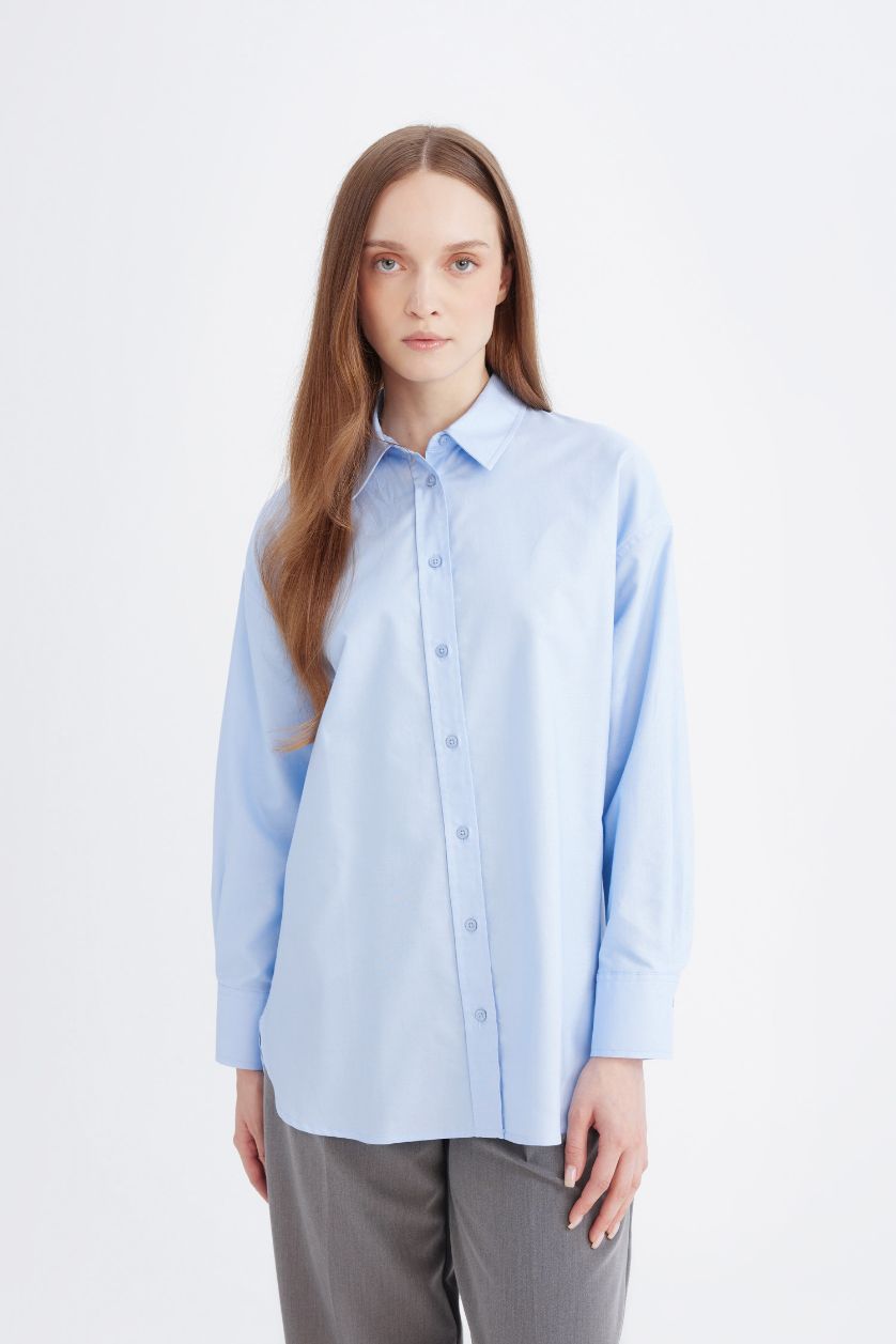 Kadın Açık Mavi Relax Fit Oxford Uzun Kollu Gömlek Tunik