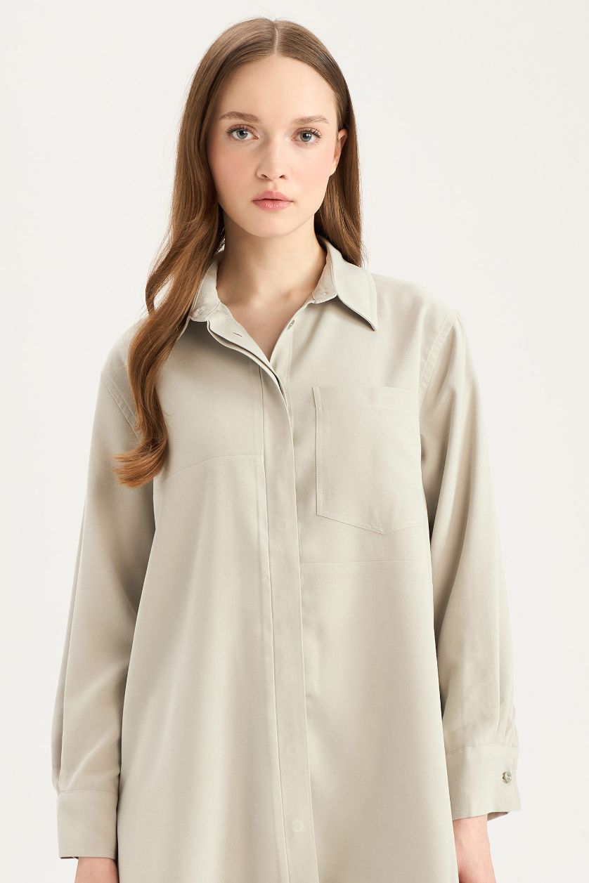 نساء كاكي فاتح قميص سادة ردن طويل قصة مريحة