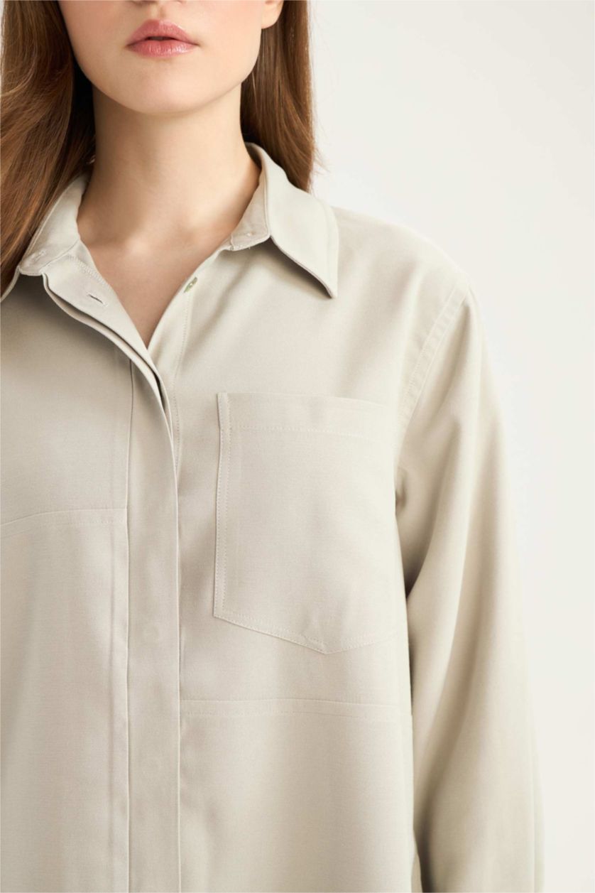 نساء كاكي فاتح قميص سادة ردن طويل قصة مريحة