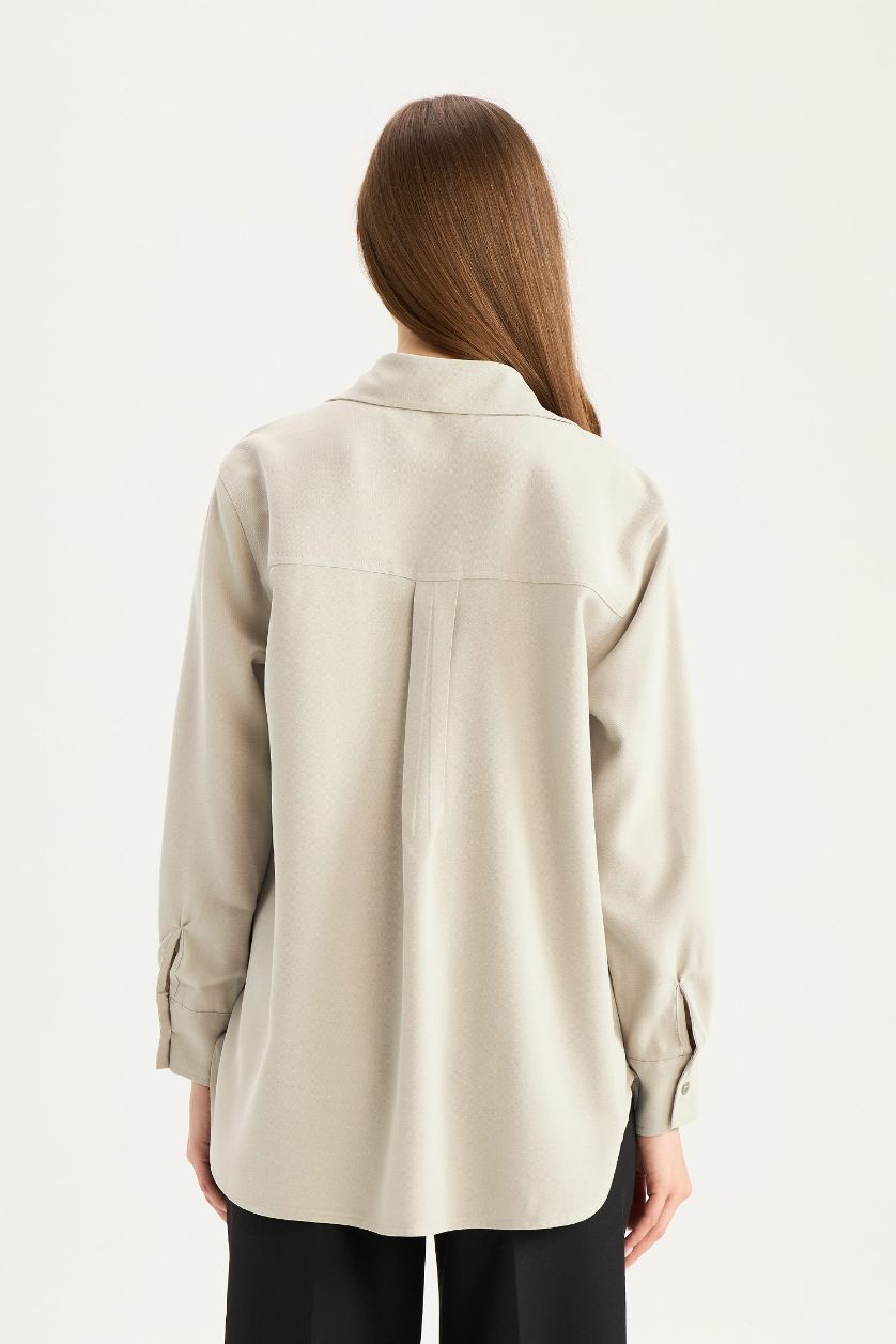 نساء كاكي فاتح قميص سادة ردن طويل قصة مريحة