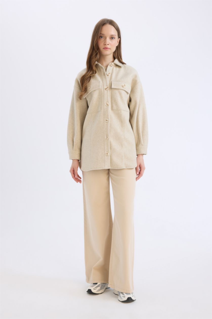 Woman Beige Relax Fit Pocketed Buttoned Shirt Jacket