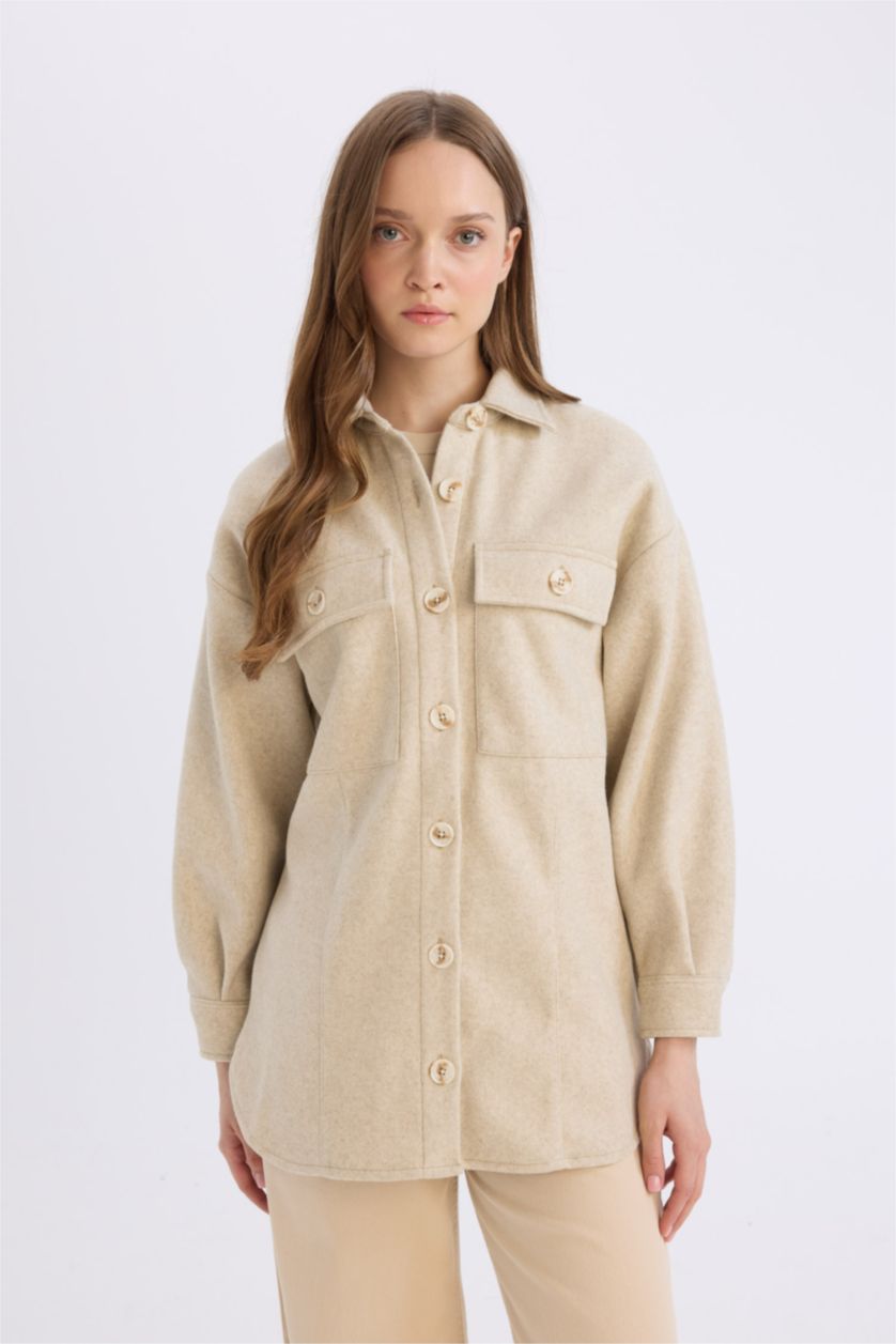 Woman Beige Relax Fit Pocketed Buttoned Shirt Jacket