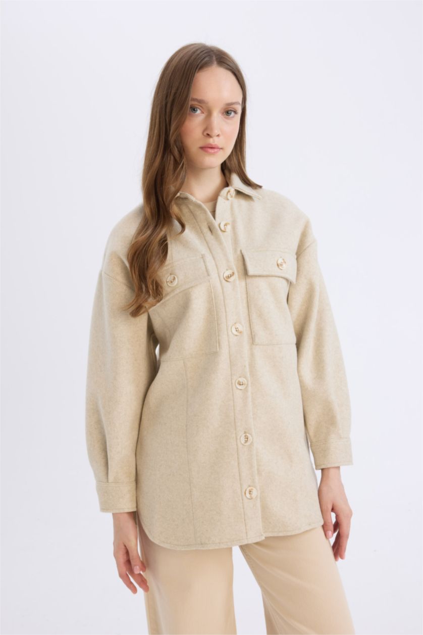 Woman Beige Relax Fit Pocketed Buttoned Shirt Jacket