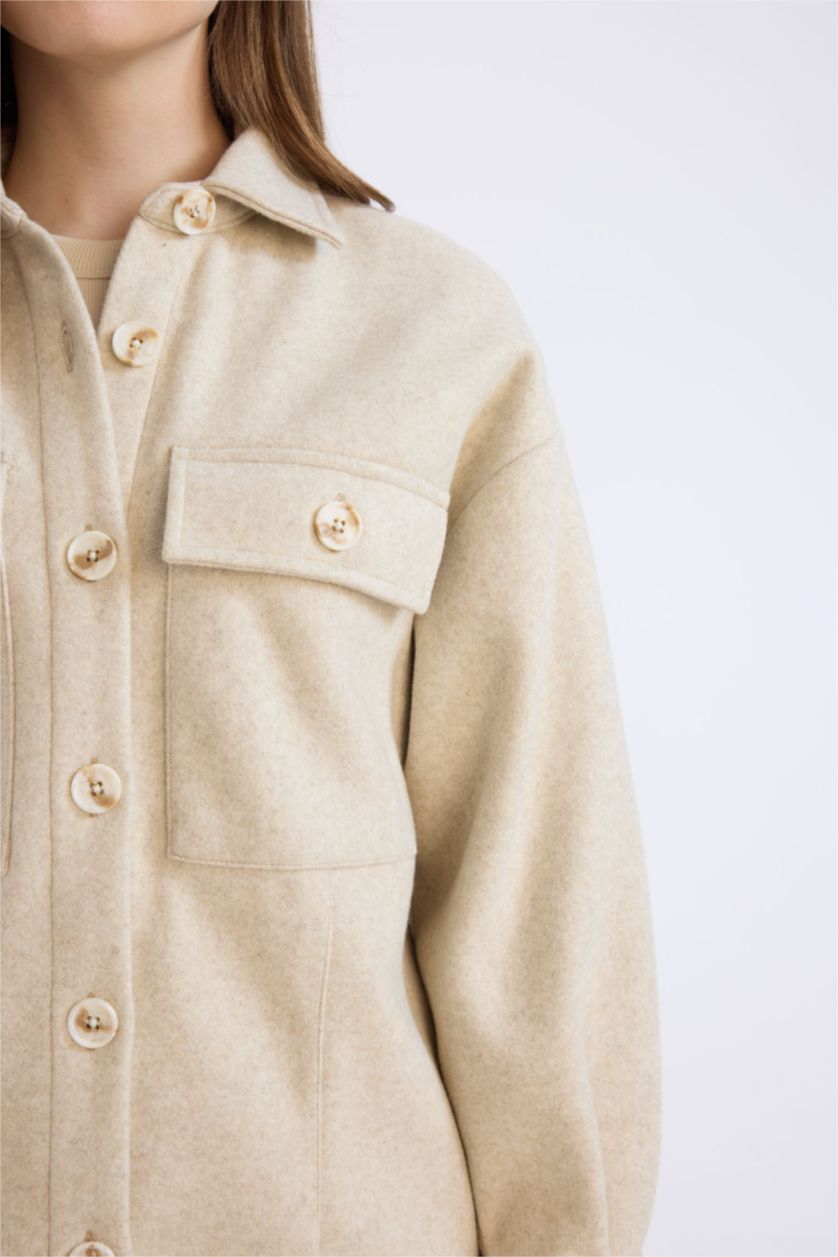Woman Beige Relax Fit Pocketed Buttoned Shirt Jacket