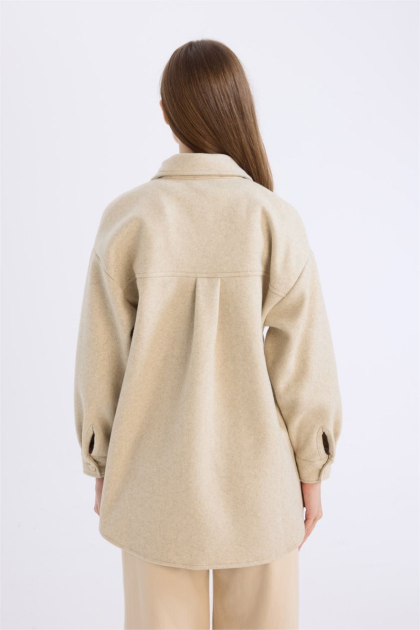 Woman Beige Relax Fit Pocketed Buttoned Shirt Jacket