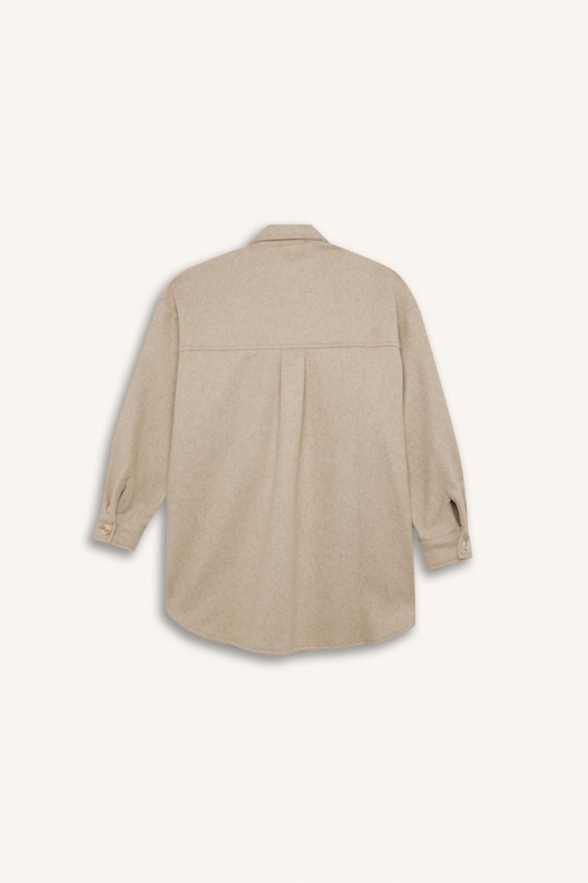 Woman Beige Relax Fit Pocketed Buttoned Shirt Jacket