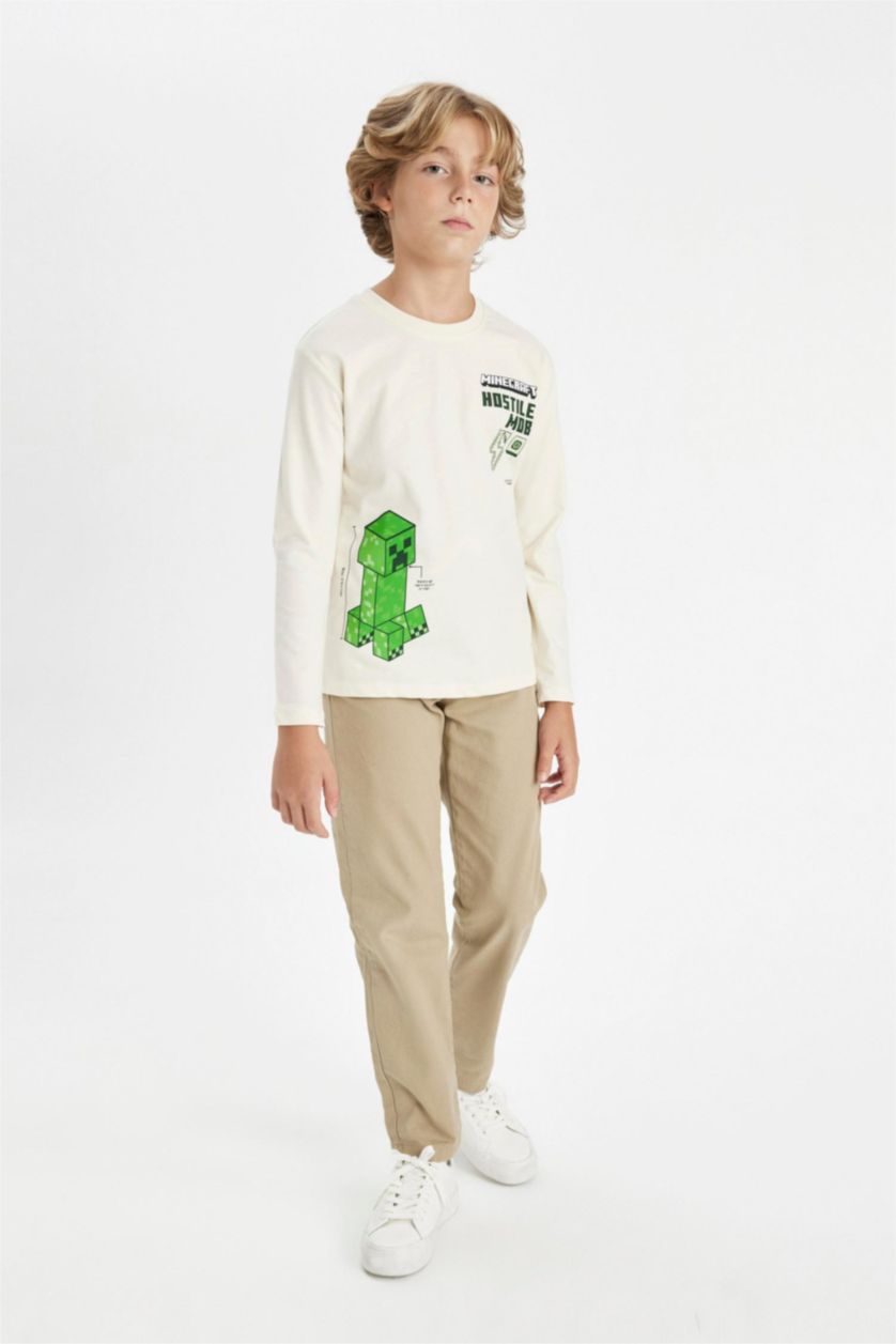 Erkek Çocuk - Genç Erkek Ekru Erkek Çocuk Minecraft Bisiklet Yaka Uzun Kollu Tişört