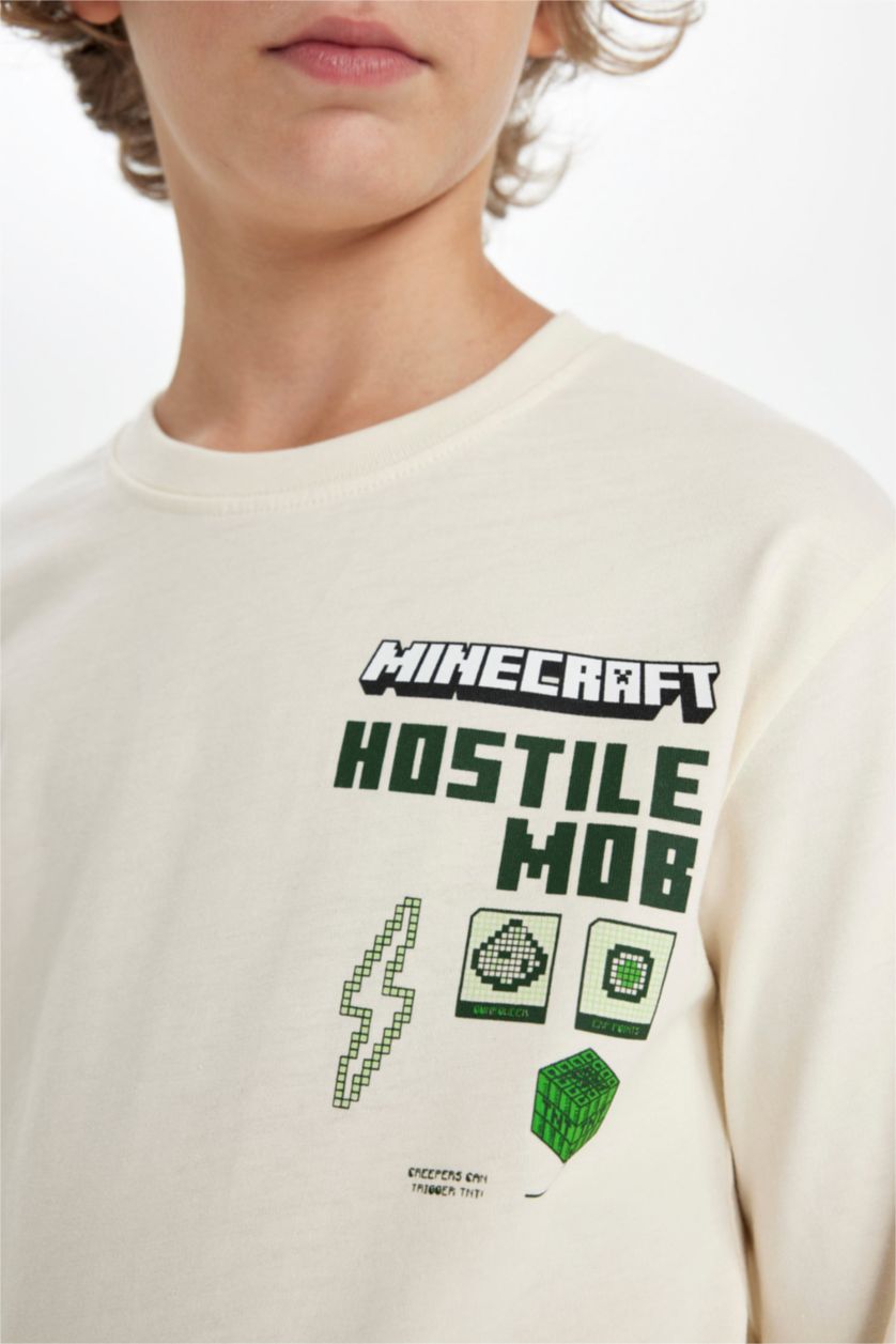 Erkek Çocuk - Genç Erkek Ekru Erkek Çocuk Minecraft Bisiklet Yaka Uzun Kollu Tişört