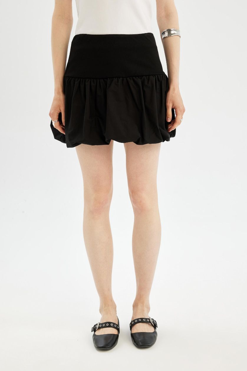 FEMME Noir Mini Jupe en Coton à Coupe Ballon et Taille Haute avec doublure