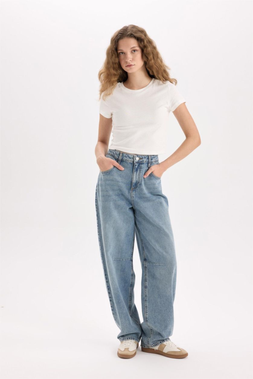 FEMME Bleu Pantalon Jean Baggy long à taille haute